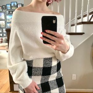 H&M bandeau fuzzy white sweater